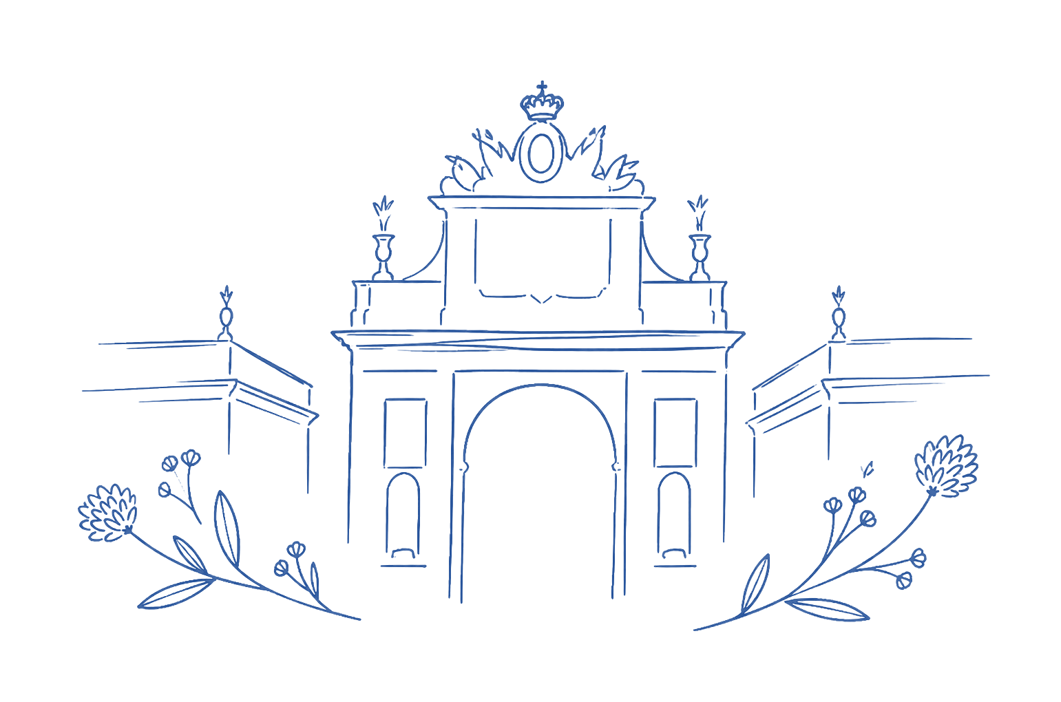 A loose cobalt-pencil illustration of the grand arch at Palácio de Seteais